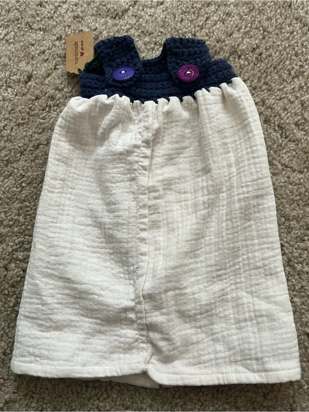 Handmade Doll Dress – Blue Crochet Top with White Fabric Skirt, 12” Long